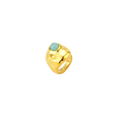 Anillo tipo sello de forma orgánica de acero inoxidable dorado con piedra mineral amazonita
