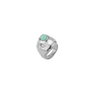 Anillo tipo sello de forma orgánica de acero inoxidable plateado con piedra mineral amazonita