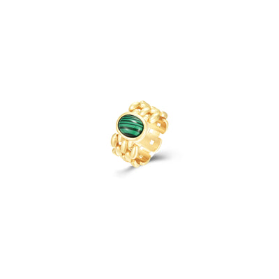 Anillo de acero inoxidable dorado con piedra mineral malaquita de color verde
