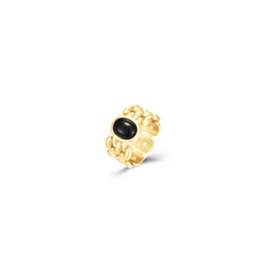 Anillo de acero inoxidable dorado con piedra mineral ónix de color negro