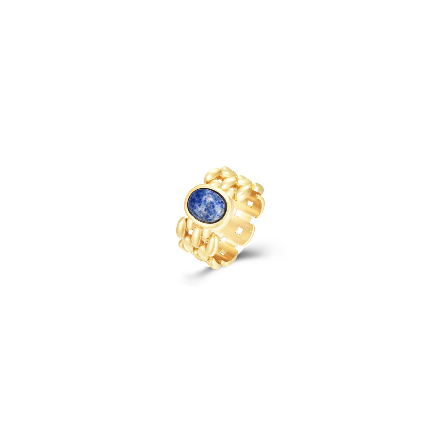 Anillo de acero inoxidable dorado con piedra mineral sodalita de color azúl