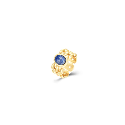Anillo de acero inoxidable dorado con piedra mineral sodalita de color azúl
