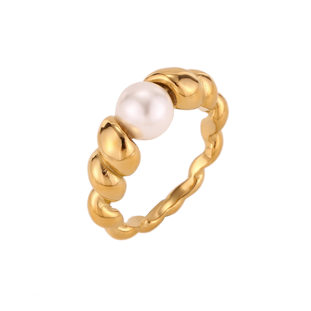 Anillo tipo cuerda retorcida de acero inoxidable dorado con perla sintética 