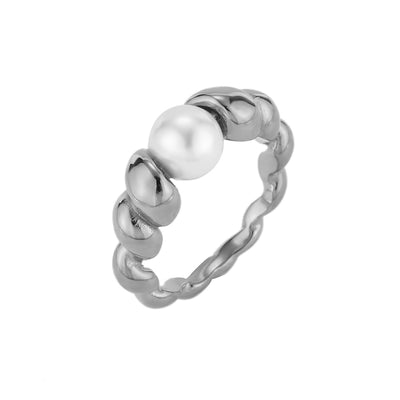 Anillo tipo cuerda retorcida de acero inoxidable plateado con perla sintética 