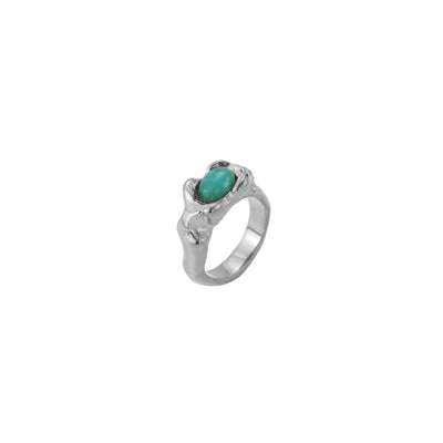 Anillo en forma orgánica de acero inoxidable plateado y con piedra mineral amazonita