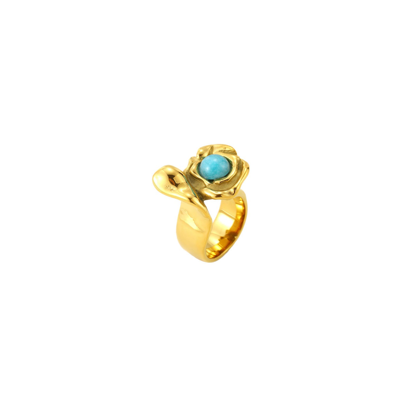 Anillo en forma de flor rosa de acero inoxidable dorado con piedra mineral amazonita