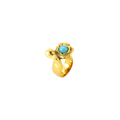 Anillo en forma de flor rosa de acero inoxidable dorado con piedra mineral amazonita