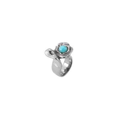 Anillo en forma de flor rosa de acero inoxidable plateado con piedra mineral amazonita
