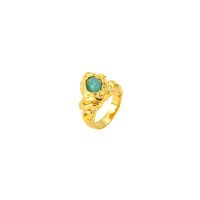 Anillo amartillado de acero inoxidable dorado y piedra mineral amazonita 
