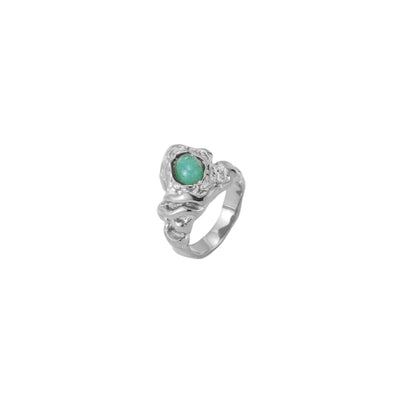 Anillo amartillado de acero inoxidable plateado y piedra mineral amazonita 