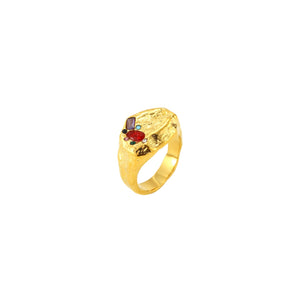 Anillo tipo sello de acero inoxidable dorado y circonitas de colores de distintas medidas