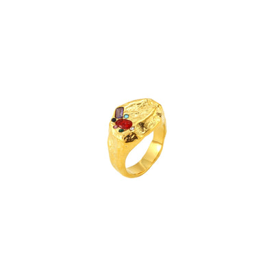 Anillo tipo sello de acero inoxidable dorado y circonitas de colores de distintas medidas