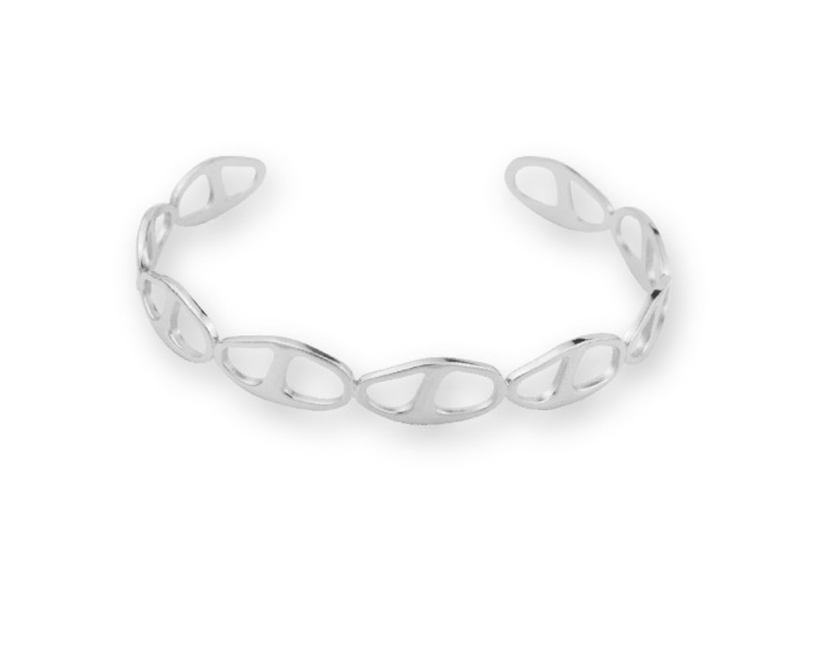 Brazalete rígido de acero inoxidable plateado con diseño de calabrote de forma orgánica