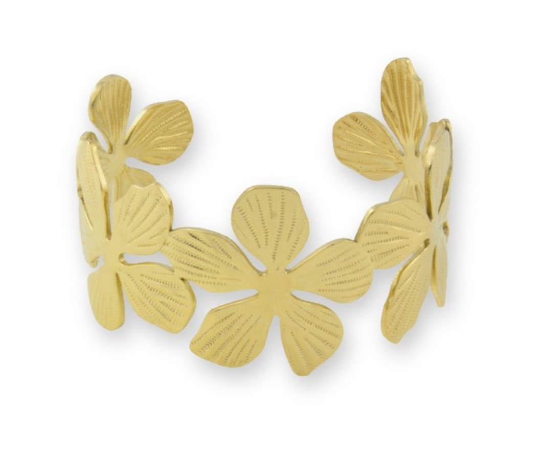 Brazalete rígido de acero inoxidable de estilo floral chapado en oro 
