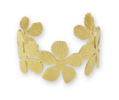 Brazalete rígido de acero inoxidable de estilo floral chapado en oro 