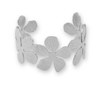Brazalete rígido de acero inoxidable de estilo floral con baño de rodio