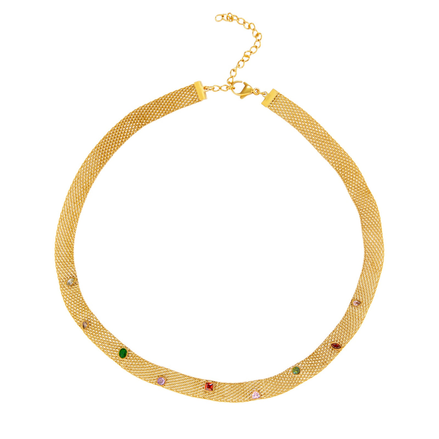 Collar cadena tipo bismarck de acero inoxidable dorado y piedras circonitas de colores 