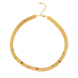 Collar cadena tipo bismarck de acero inoxidable dorado y piedras circonitas de colores 