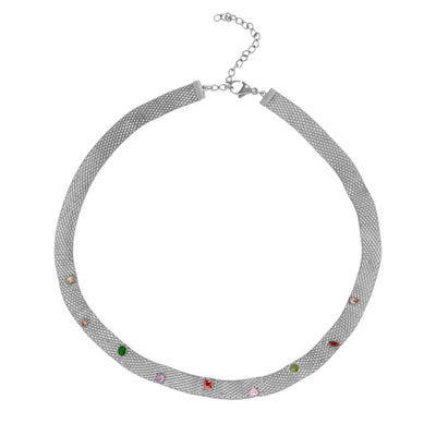 Collar cadena tipo bismarck de acero inoxidable plateado y piedras circonitas de colores 