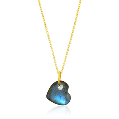Collar de Plata de Ley bañada en Oro con piedra natural mineral labradorita en forma de corazón