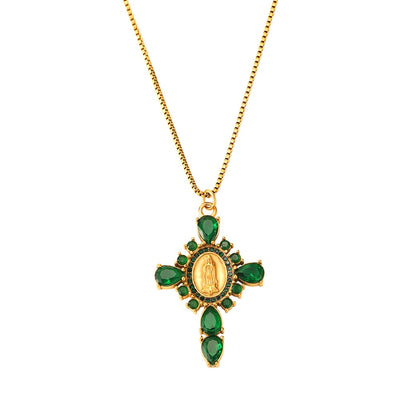 Collar de Acero Inoxidable Dorado en forma de Cruz con circonitas de color verde y motivo de una virgen 