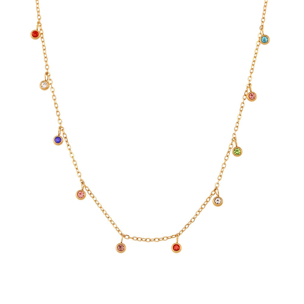 Collar Multi Circonitas Multicolor redondas de Acero Inoxidable Dorado