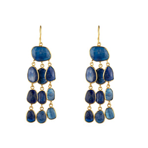 Pendientes largos de bronce con baño de oro 18K y piedras minerales azules