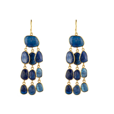 Pendientes largos de bronce con baño de oro 18K y piedras minerales azules