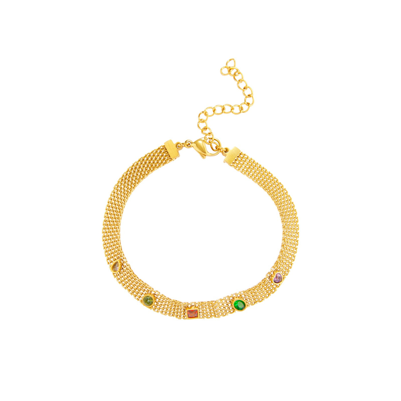 Pulsera cadena tipo Bismarck de acero inoxidable dorado con piedras circonitas de colores