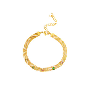 Pulsera cadena tipo Bismarck de acero inoxidable dorado con piedras circonitas de colores