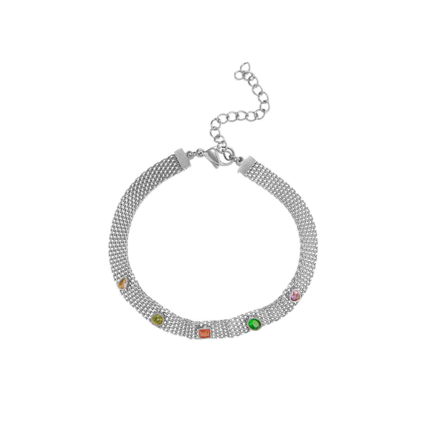 Pulsera cadena tipo Bismarck de acero inoxidable plateado con piedras circonitas de colores