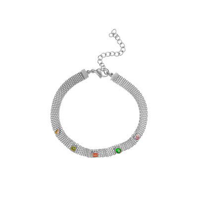 Pulsera cadena tipo Bismarck de acero inoxidable plateado con piedras circonitas de colores