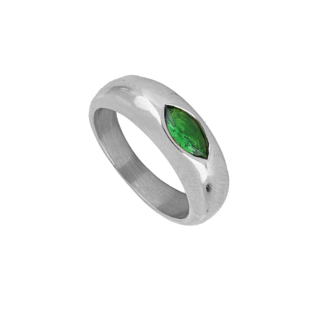 anillo acero plata piedra verde ojo